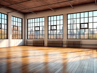 Fototapeta premium Perspective view of empty loft interior room with wooden floor and large windows. Generative AI