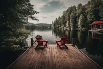 Two chairs, wooden dock, lake, Muskoka, Ontario, Canada. Red canoe, pier, cottages, trees, water. Generative AI
