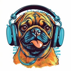 Funky cartoon pug dog with headphones and sunglasses listening to music with vintage retro styling and white background. Created using generative AI.