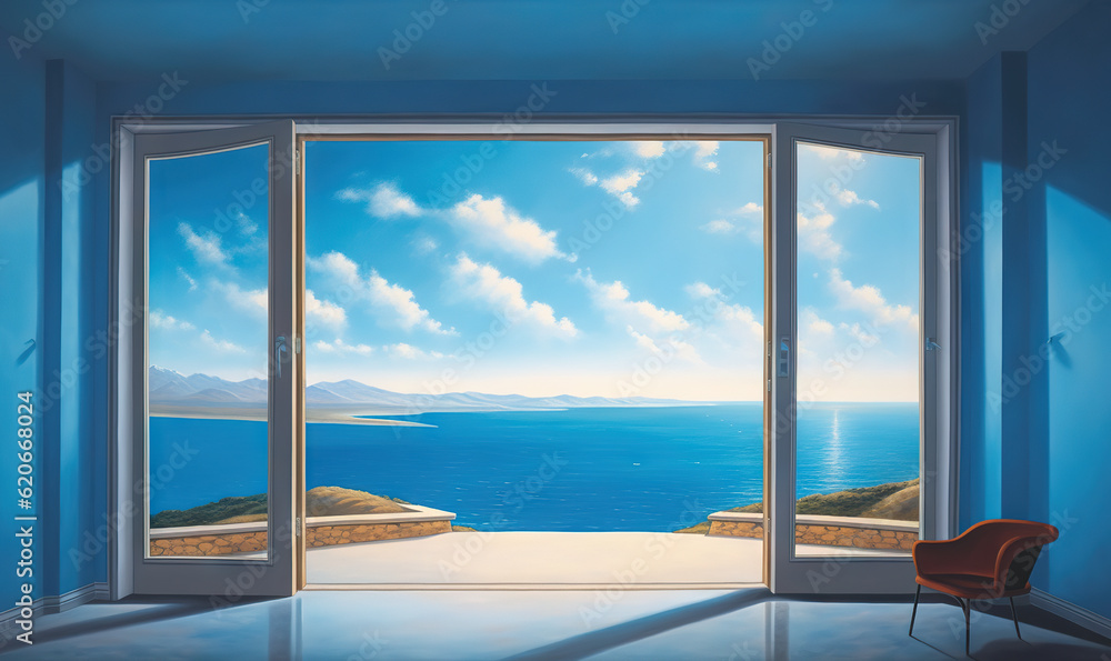 Poster a painting of an open window with a view of the ocean. generative ai