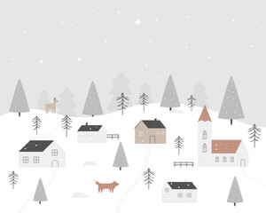 Holiday Christmas greeting card of cozy town, winter landcsape, scenery with little wooden snowy houses