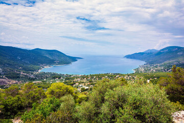 Panoramic view of the town and coast of Porto Germeno, or Aigosthena, in Attica, Greece