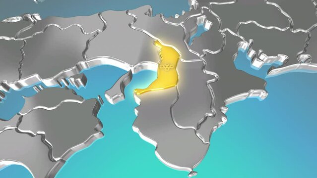 海に浮かぶ金属調の日本列島で金色に輝く大阪府をパンしながらズームインする4k動画