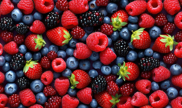  a close up of berries and raspberries on a table.  generative ai
