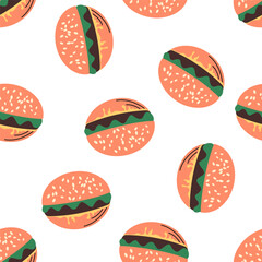 Naklejka premium Burger doodle seamless pattern. Bun, salad, beef, cheese. Hamburger, fast food print. Vector illustration isolated on white background