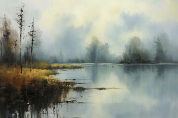 Fototapeta premium Misty Enchantment: Abstract Symphony of Forest and Lake - Oil Painting's Ethereal Reverie