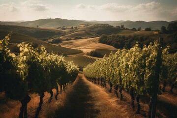 Summer vineyards in Tuscany near winery along Chianti wine road with grapevines, hills, and sun. Generative AI
