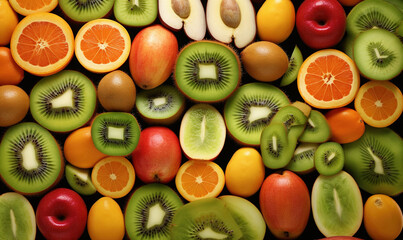  a pile of fruit with kiwis, oranges, and apples.  generative ai