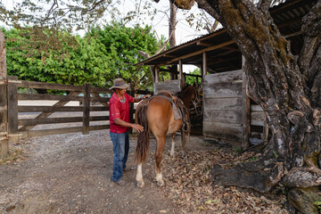 Rider saddling up his horse