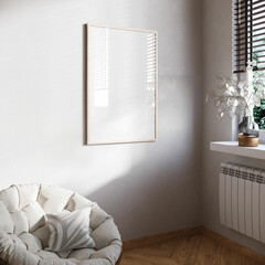Frame mockup in contemporary minimalist beige room interior, 3d render, Mockup poster frame close up
