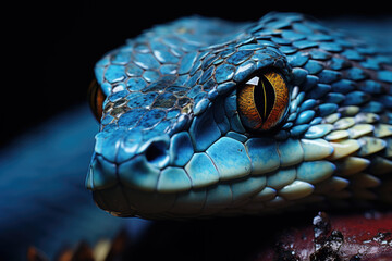 Fototapeta premium Close-up of a blue viper snake's face. Generative Ai, Ai.