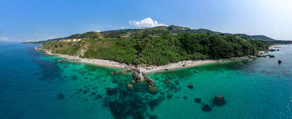 panoramic aerial view of Michelino beach near Tropea in Calabria. The sea is crystal clear and...