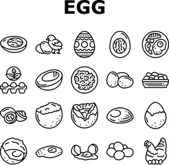 egg chicken farm food organic icons set vector. easter bird, animal breakfast, fresh healthy, ingredient protein, brown shell hen egg chicken farm food organic black contour illustrations