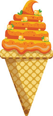 Vector illustration delicious colorful ice cream waffle cone. Icecream mango scoops waffle cone. on white background. Idea for poster, product, t-shirt. Vector icon ice cream cone.