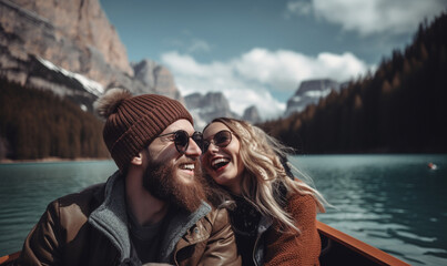 freudig lachendes Paar im Boot auf dem Bergsee, generative AI