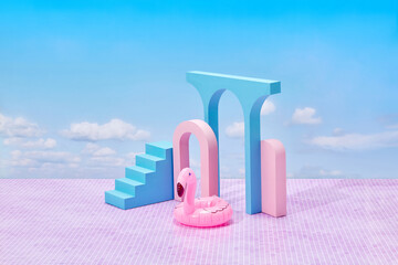 Composition with pink flamingo float and geometric figures.