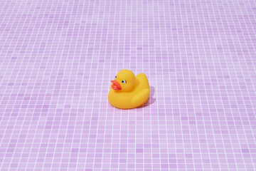Cute yellow rubber ducky against pink tiles background.