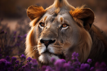 Lion's Royal Slumber: A Meadow of Purple Blooms