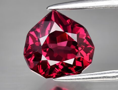 Natural gemstone red rhodolite garnet on gray background