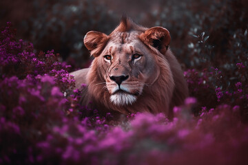 Naklejka premium Basking in Blossoms: A Lion's Enchanting Scene