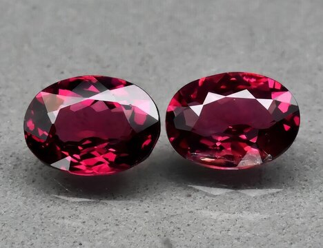 Natural gemstone red rhodolite garnet on gray background