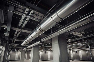 Ductwork suspended from ceiling for air conditioning system. Generative AI