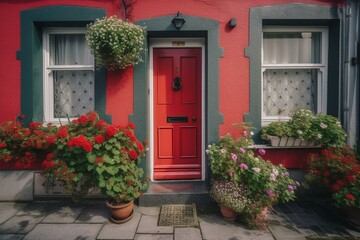 Fototapeta na wymiar House with red door, window, and flowers. Generative AI