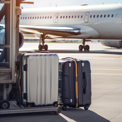 Suitcases in airport departure lounge, airplane in background, summer vacation concept, traveler suitcases in airport terminal waiting area, Created using generative AI tools.