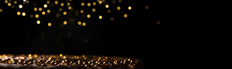 Lights. stars in a night sky, winter and fall celebration, invitation, card, golden bokeh, gold blur, beautiful card. Light particules on black background.