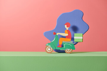 Food delivery man riding a red scooter craft and paper art style