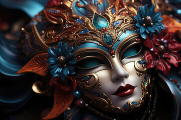 Background showcasing a Venetian mask or disguise, associated with the festivities of Mardi Gras. Generative Ai.