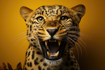 Naklejka na ściany i meble Vibrant yellow background featuring a striking leopard. Generative Ai.