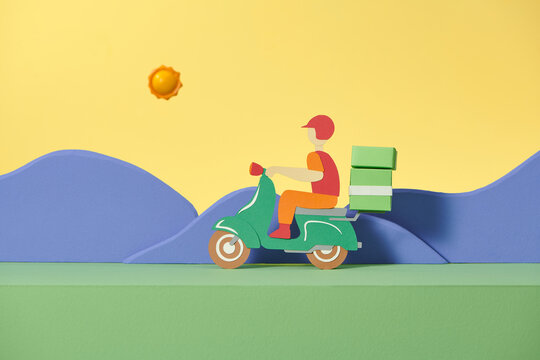 Delivery man riding motorbike that going to fast express,
