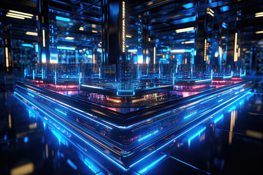 Background illustrating a data server center with blue neon lights, representing digital hosting and technological infrastructure. Generative Ai.
