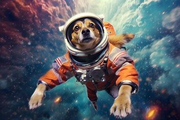a dog wearing an astronaut suit and helm floating in the colorful universe, nebula behind. Generative AI technology © Romana