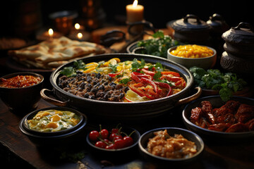 Obraz premium Table adorned with traditional Turkish national dishes. Generative Ai.