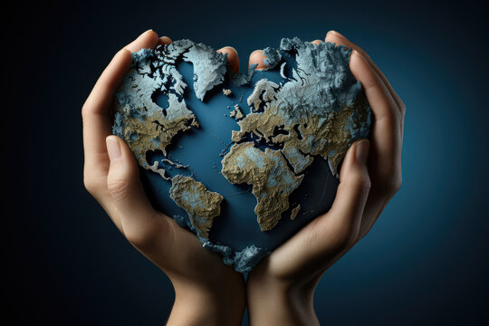 Female hands painted with the world map, forming a heart shape on a blue background, representing unity and love for the world. Generative Ai.
