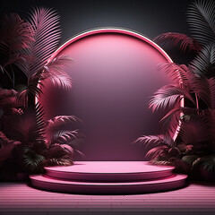 Fototapeta na wymiar podium backdrop with neon light and tropical palm leaves 