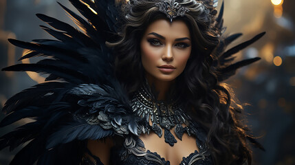 Beautiful woman in makeup and costume Fantasy  harpy or valkyrie for halloween on a black background.  - obrazy, fototapety, plakaty