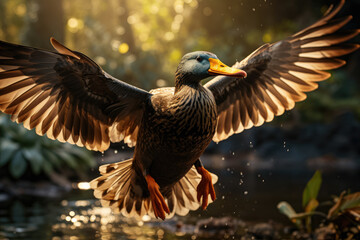Graceful duck taking flight under the morning sun, against a backdrop of bokeh and lush greenery in a park. Generative Ai.