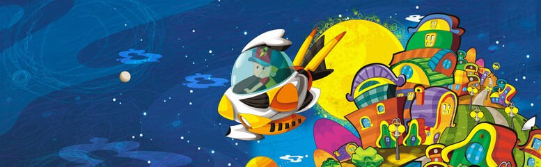 Fototapeta premium Cartoon funny colorful scene of cosmos galactic alien ufo isolated illustration for children