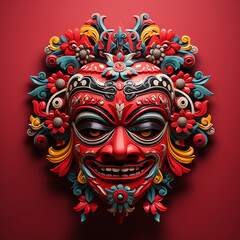 on red background Asian theater mask with colored ornaments 