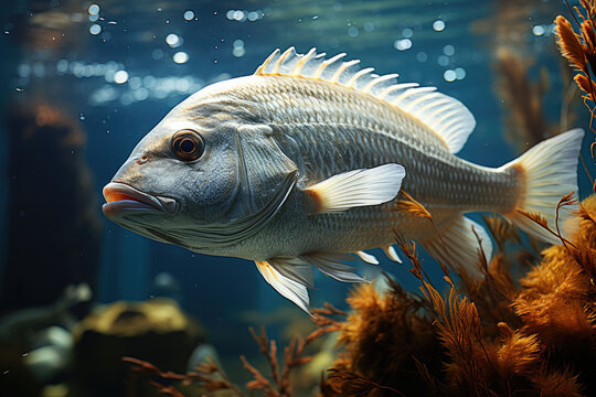 Saddled seabream, known as Oblada, gracefully swimming amidst seaweed in a captive aquarium, showcasing the wonders of marine life. Generative Ai.