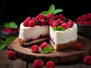 Cheesecake on dark background (generative AI)