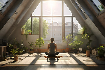 A young man in white t-shirt and joggers sitting in yoga asana lotus pose meditating in a sunlit attic room with green plants. Generative AI technology