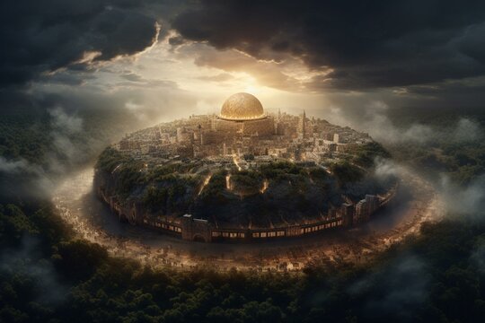 Illustration of New Jerusalem on Earth in Revelation, reflecting Millennium and Kingdom of Jesus. Generative AI