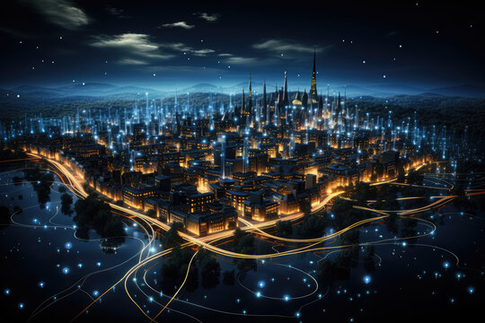 Depiction of a smart city with abstract dots connecting through gradient lines and an intricate wave line design.  Generative Ai.