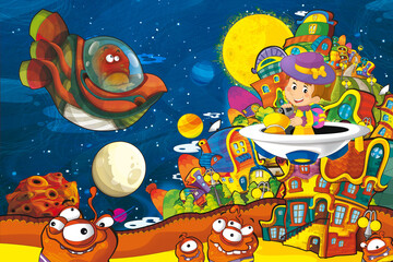 Cartoon funny colorful scene of cosmos galactic alien ufo isolated illustration for children