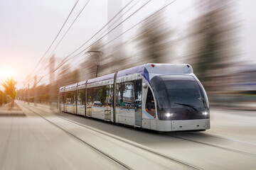 Modern comfortable tram moves along the streets of the city, electric transport.