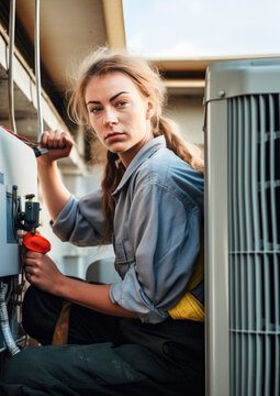 Young woman technician working on air conditioning outdoor unit. Female HVAC worker professional occupation. Generative AI